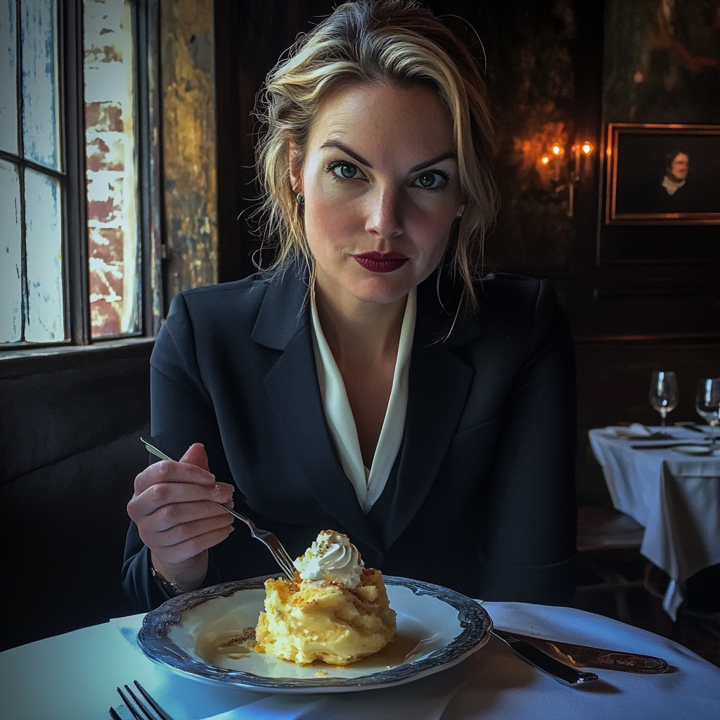 Une femme assise à une table et mangeant un dessert | Source : Midjourney