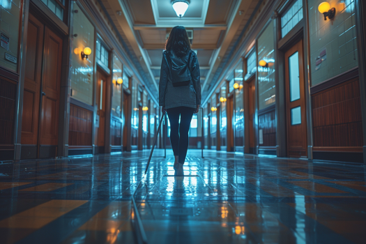 Une fille debout dans un couloir d'école | Source : Midjourney