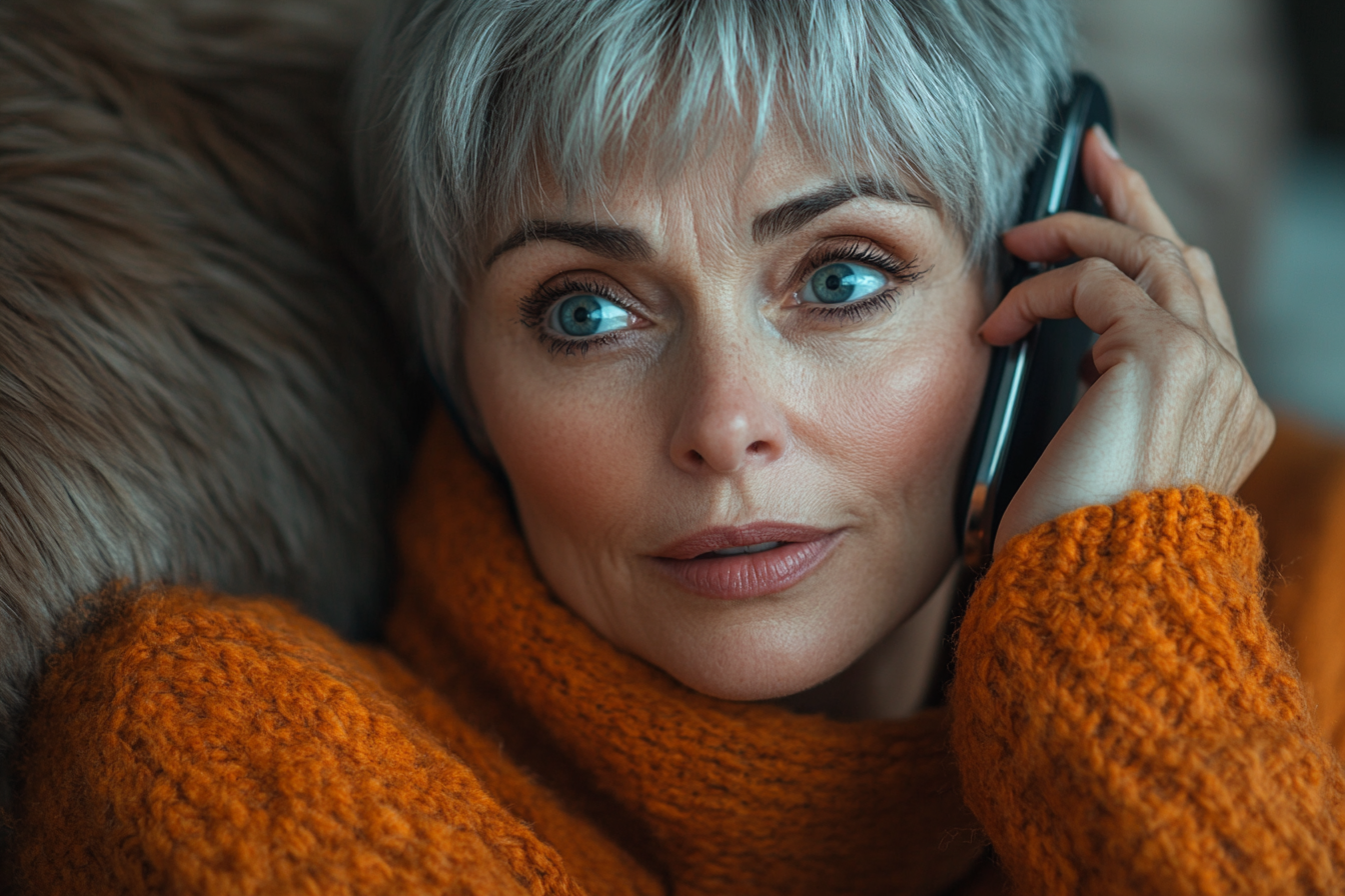 Une femme au téléphone avec des yeux surpris | Source : Midjourney