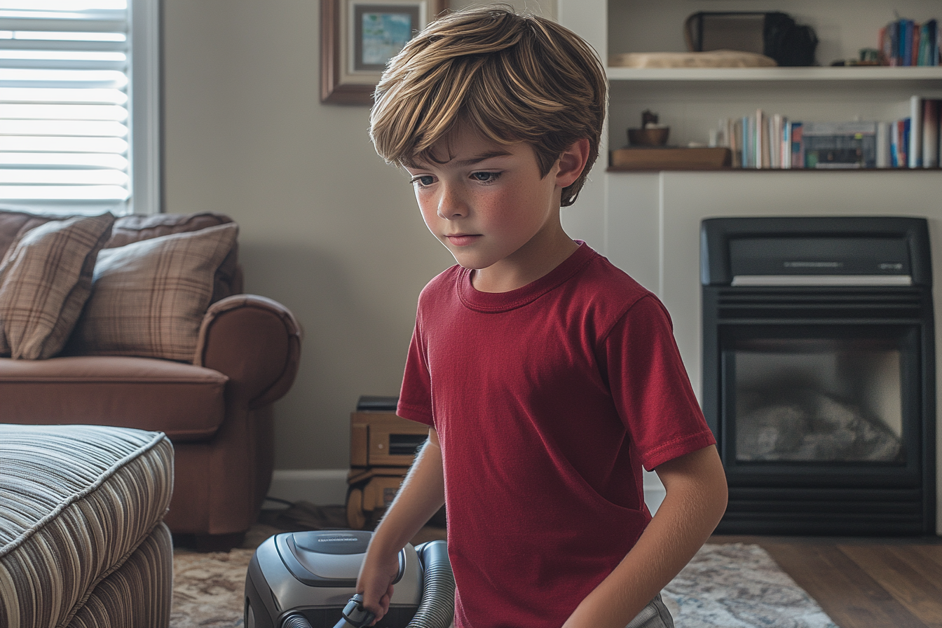 Un garçon passe l'aspirateur dans un salon | Source : Midjourney