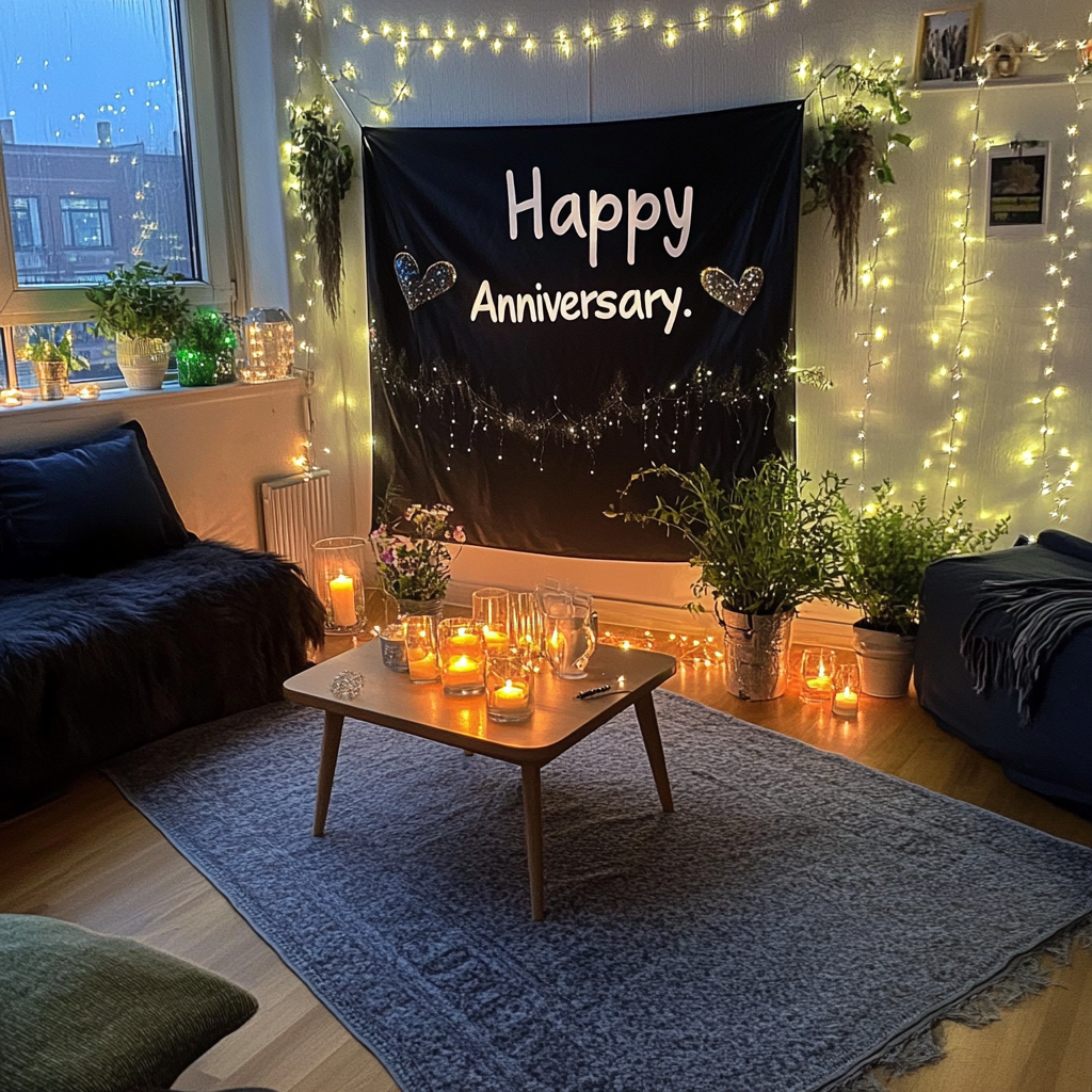 Un salon confortable avec une magnifique bannière "Joyeux anniversaire" sur le mur | Source : Midjourney