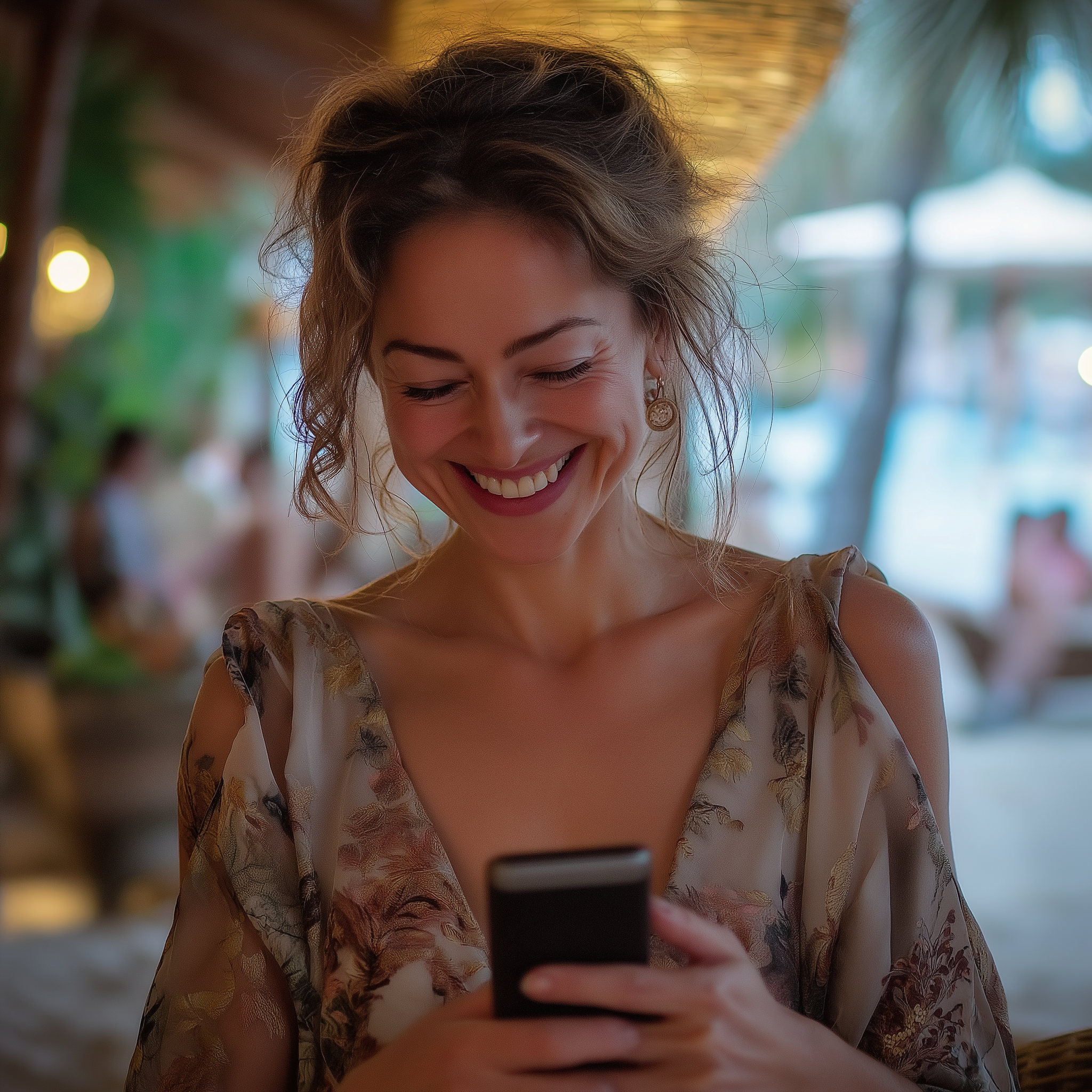 Une femme sourit en regardant son téléphone | Source : Midjourney