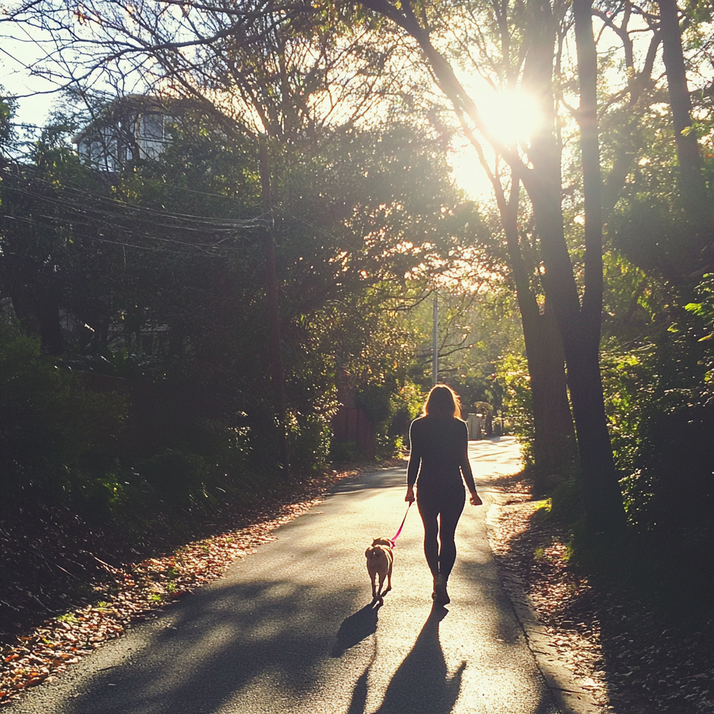 Une femme promenant un chien | Source : Midjourney