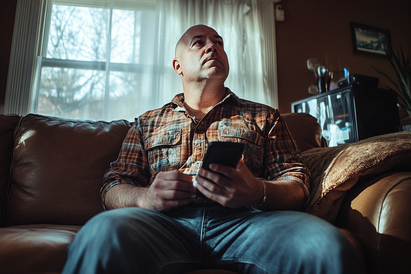 Un homme assis sur un canapé tenant un téléphone et regardant vers le haut | Source : Midjourney