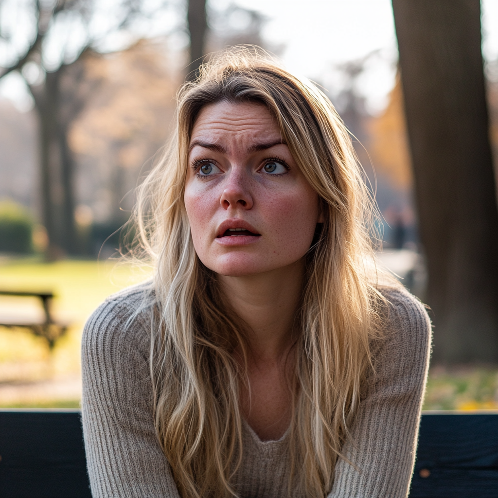 Une femme regarde quelqu'un alors qu'elle est assise dans un parc | Source : Midjourney