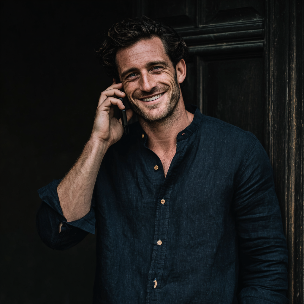 Un homme souriant qui parle au téléphone portable | Source : Midjourney