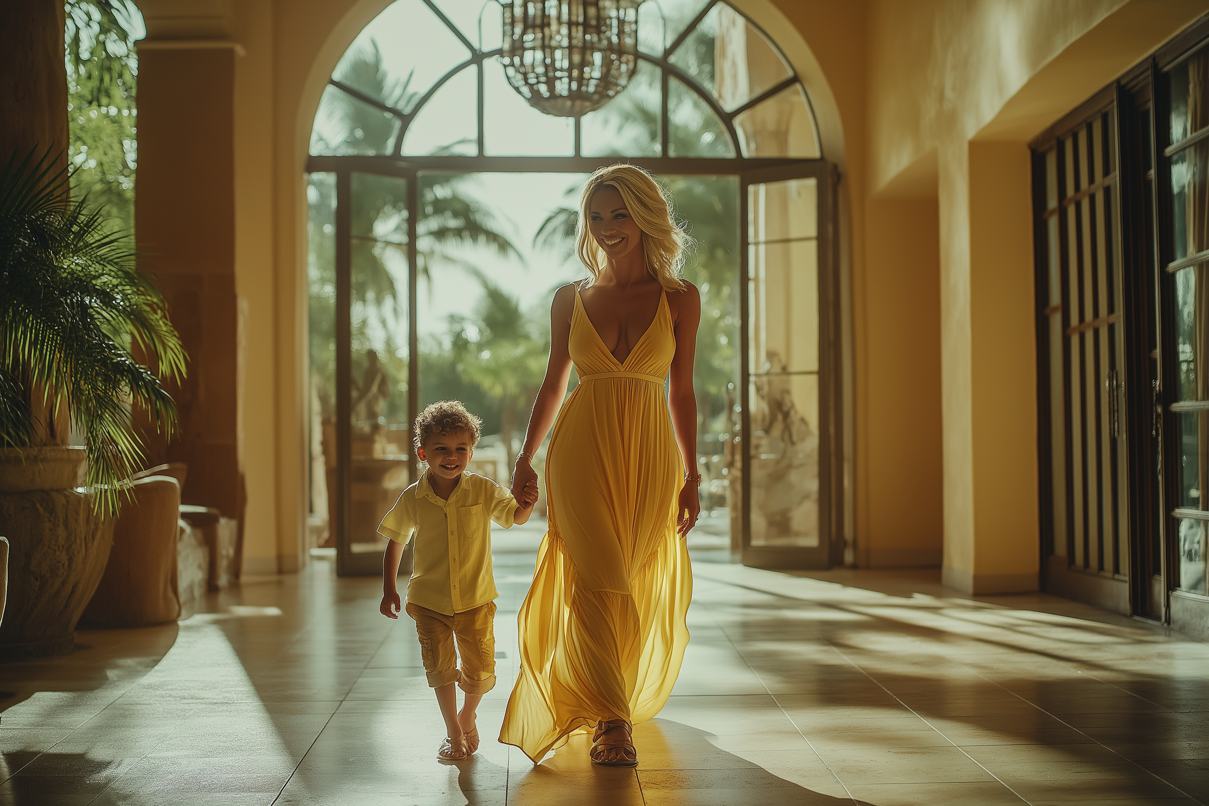 Une femme et son fils dans le hall d'entrée d'un hôtel de luxe | Source : Midjourney