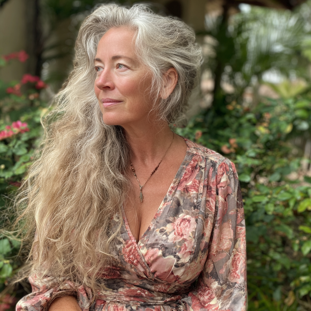 Une vieille femme souriante dans une robe à fleurs | Source : Midjourney