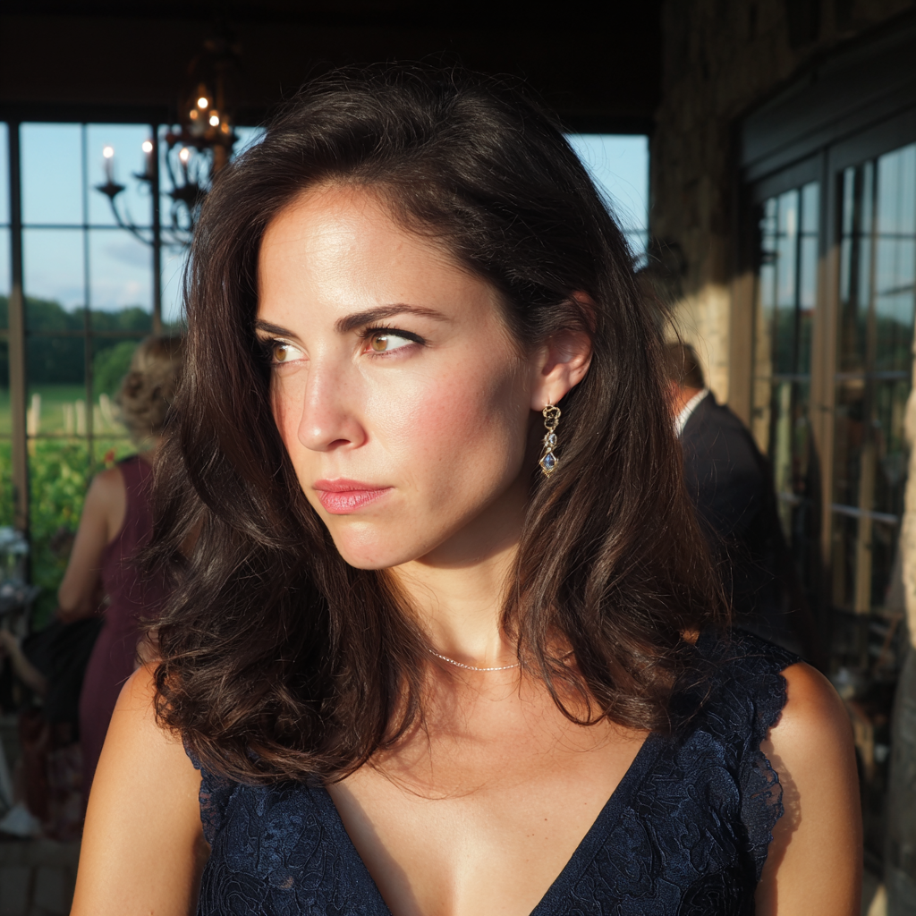 Une femme pensive portant une robe marine | Source : Midjourney