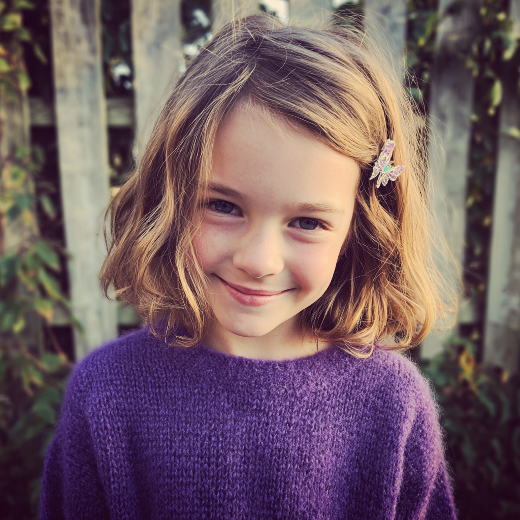 Une petite fille souriante se tenant à l'extérieur | Source : Midjourney