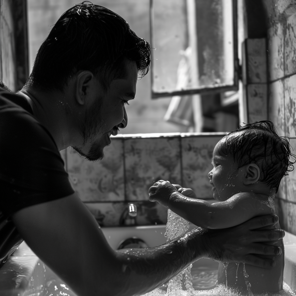Tom donne le bain au bébé Luc | Source : Midjourney