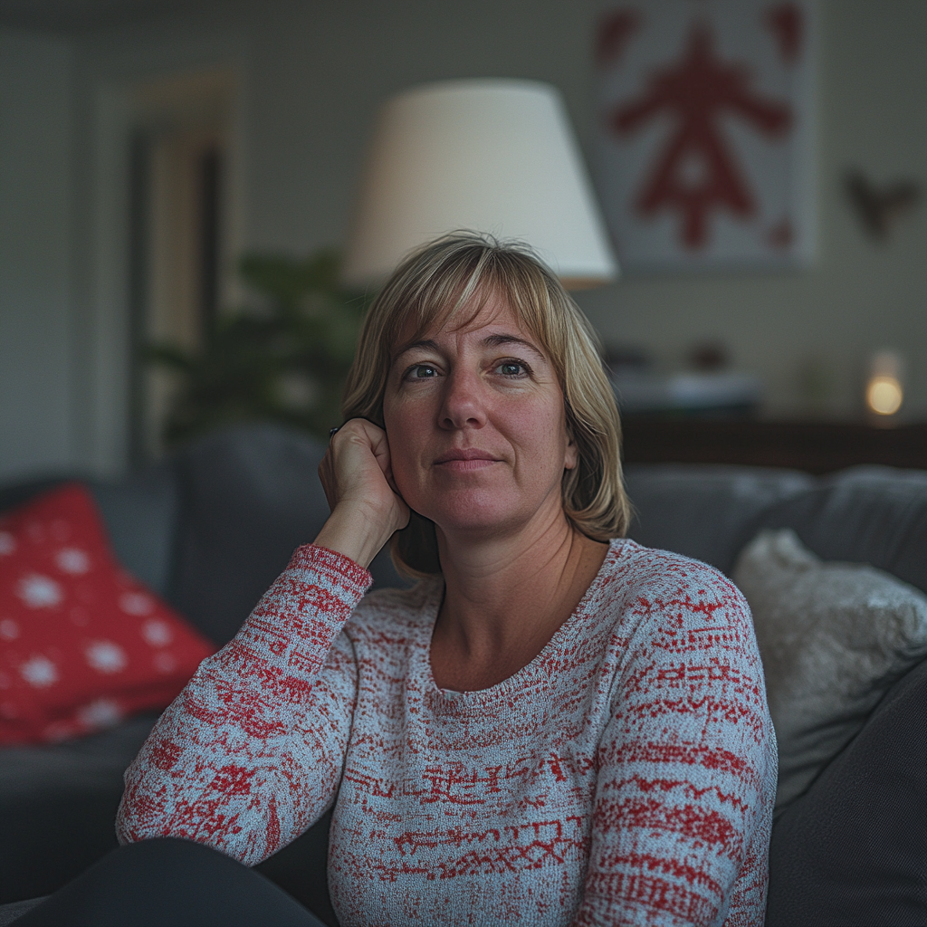 Une femme à l'air fatigué s'assoit pour se reposer après avoir effectué les tâches ménagères | Source : Midjourney