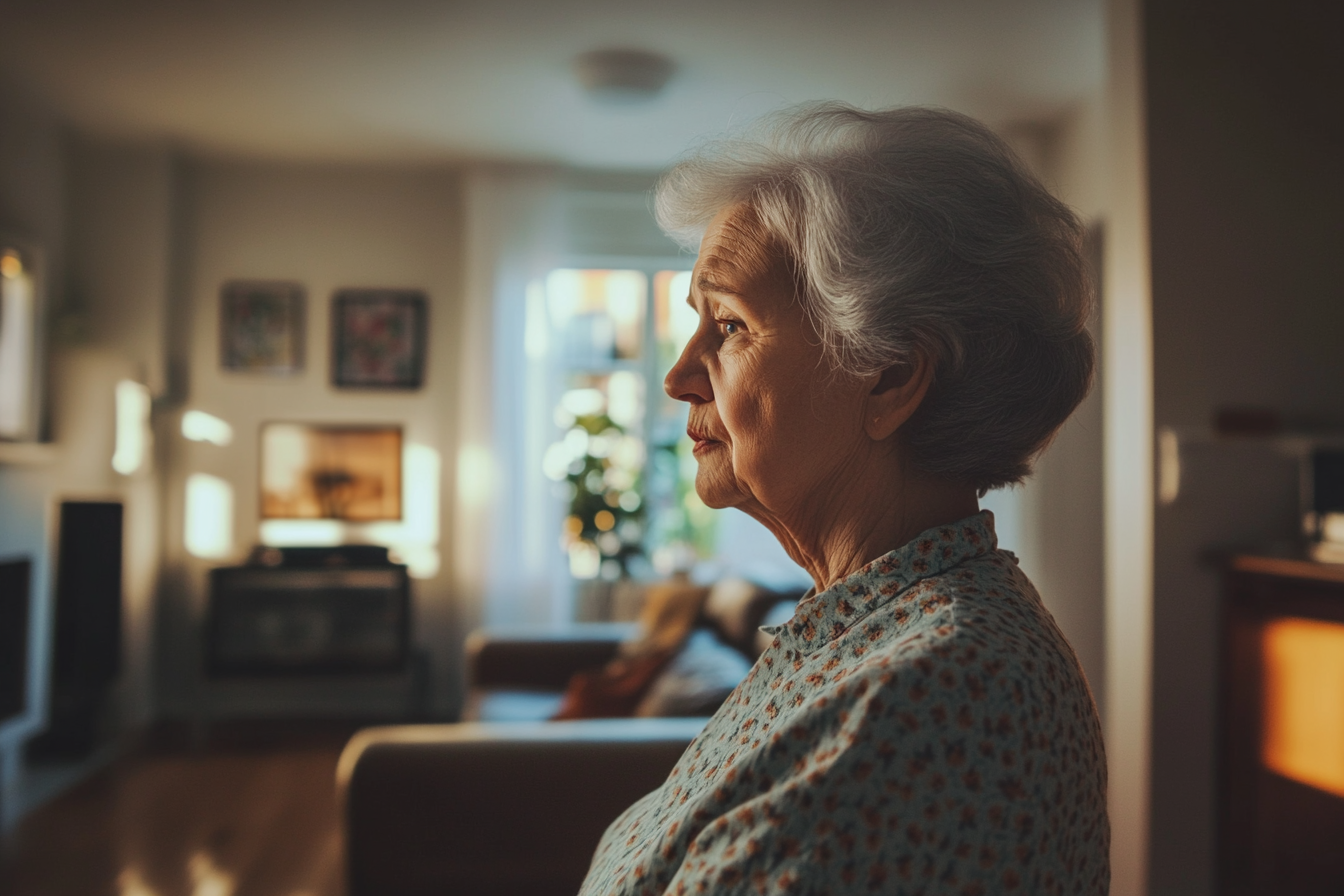 Une femme âgée debout dans sa maison | Source : Midjourney