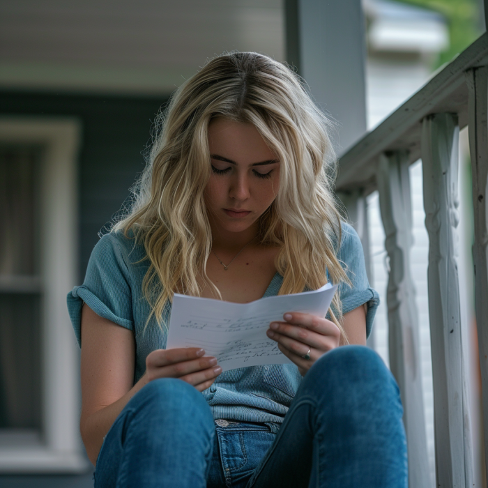 Une femme est assise sous un porche et lit une lettre | Source : Midjourney