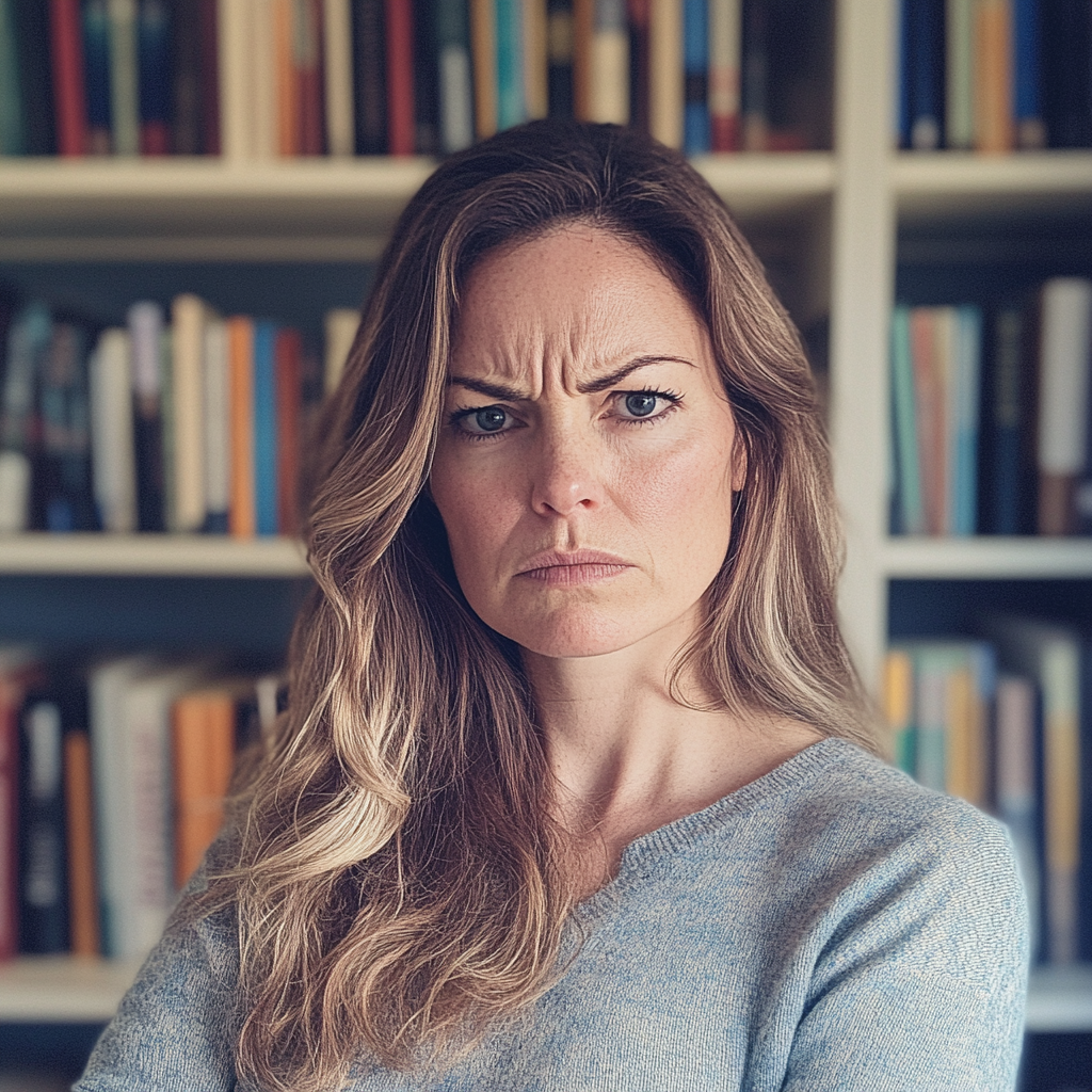 Une femme en colère debout devant une étagère de livres | Source : Midjourney