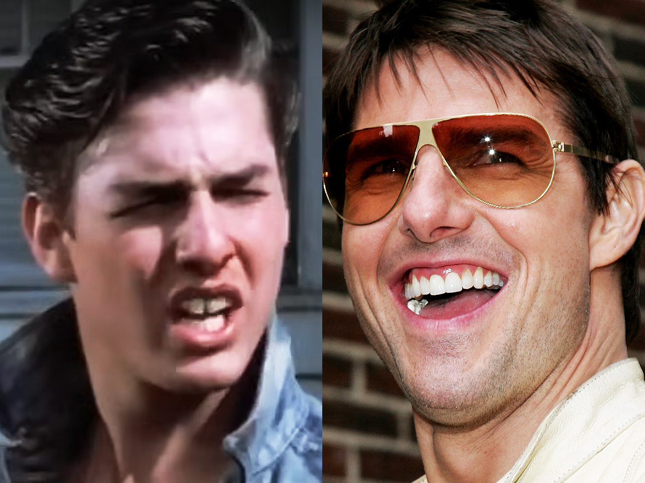 Avant et après du sourire de Tom Cruise. | Source : YouTube/Warner Bros. | Getty Images