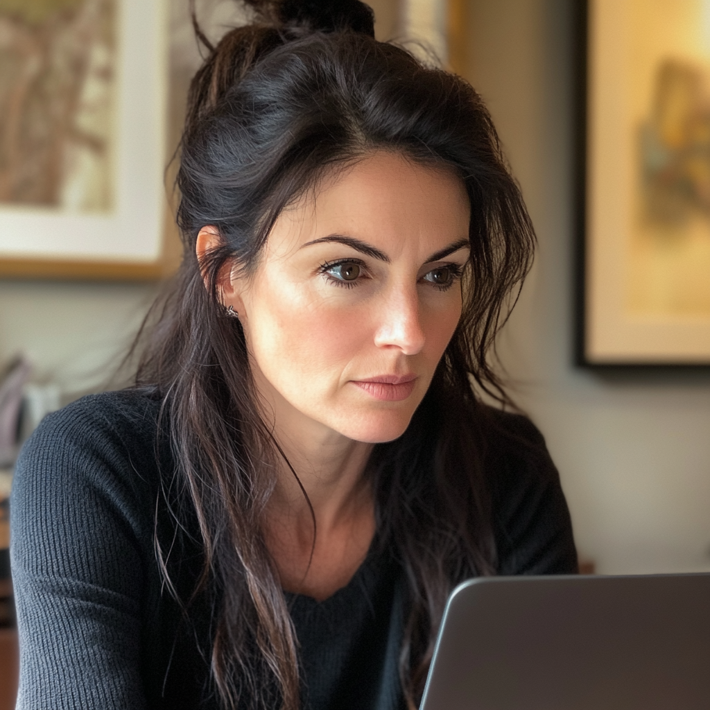 Une femme assise devant son ordinateur portable | Source : Midjourney