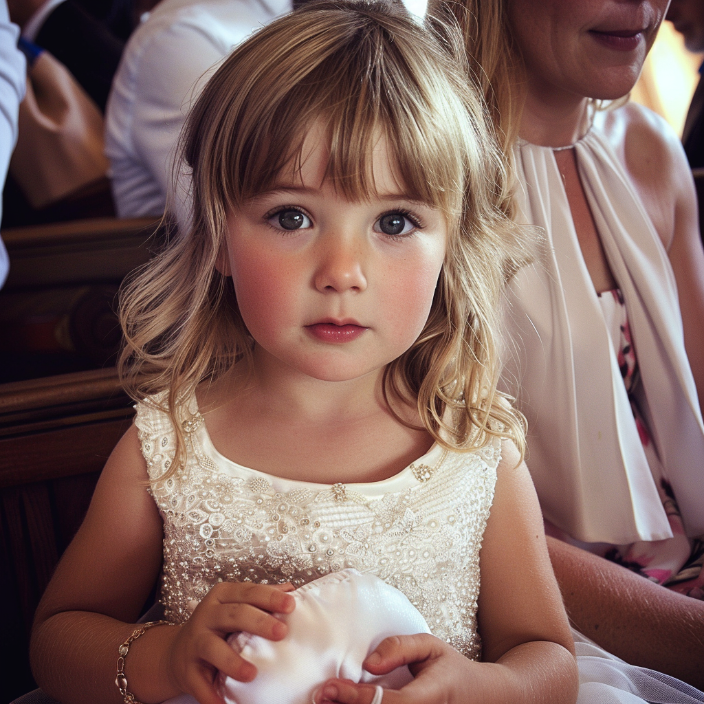Une petite fille tenant un coussin d'anneaux | Source : Midjourney