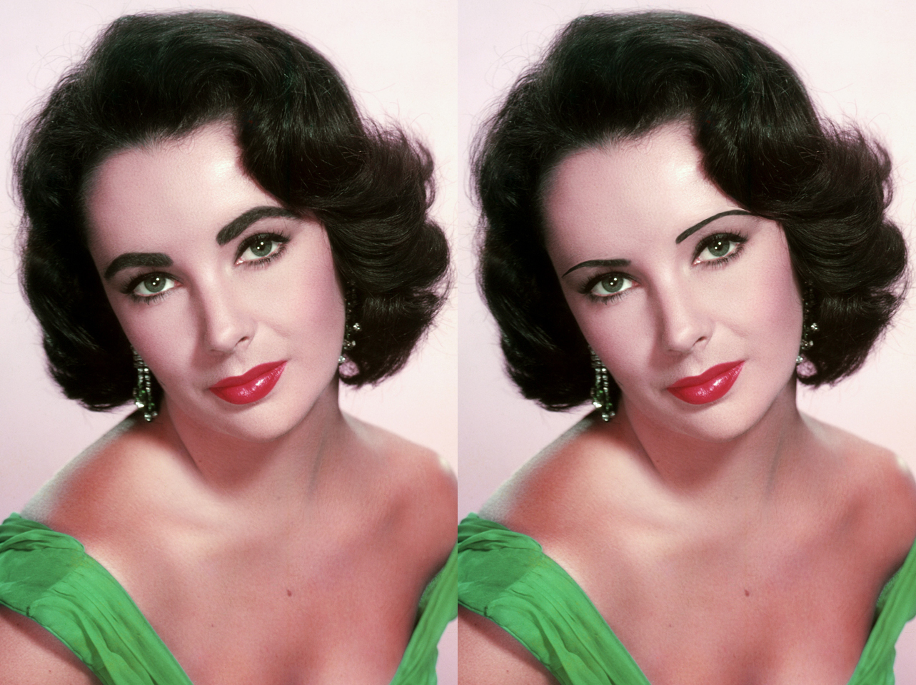 Les sourcils caractéristiques d'Elizabeth Taylor dans les années 1950 contre un look de sourcils fins édité numériquement | Source : Getty Images