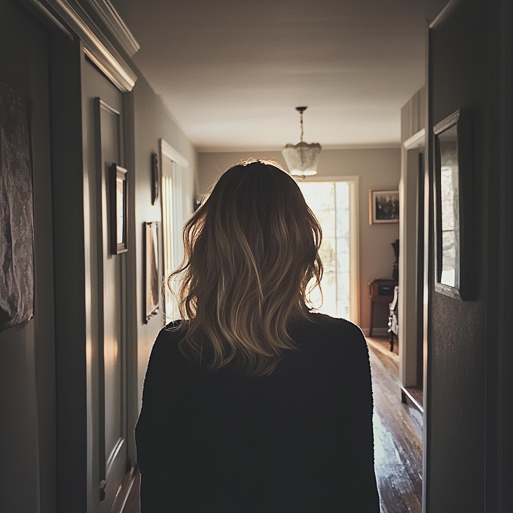 A woman walking down a corridor | Source: Midjourney