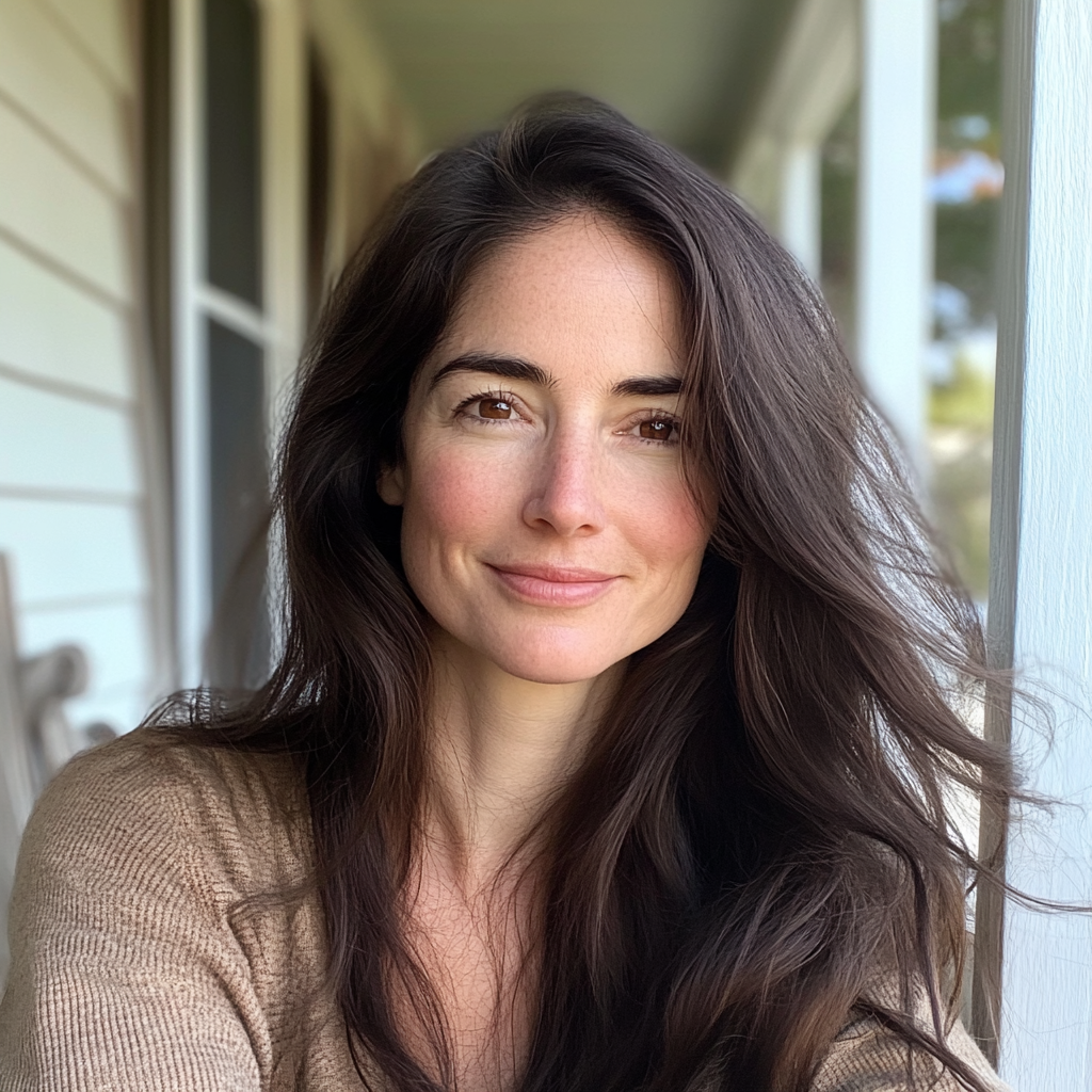 Une femme souriante assise à l'extérieur | Source : Midjourney