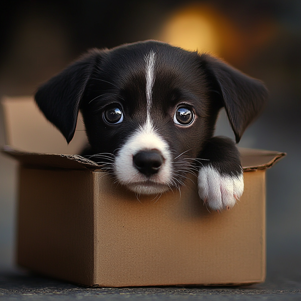 Un petit chiot triste abandonné dans une boîte en carton sur le bord de la route | Source : Midjourney