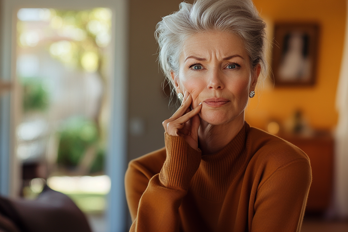 Élégante femme d'une soixantaine d'années à l'air inquiète dans son salon | Source : Midjourney