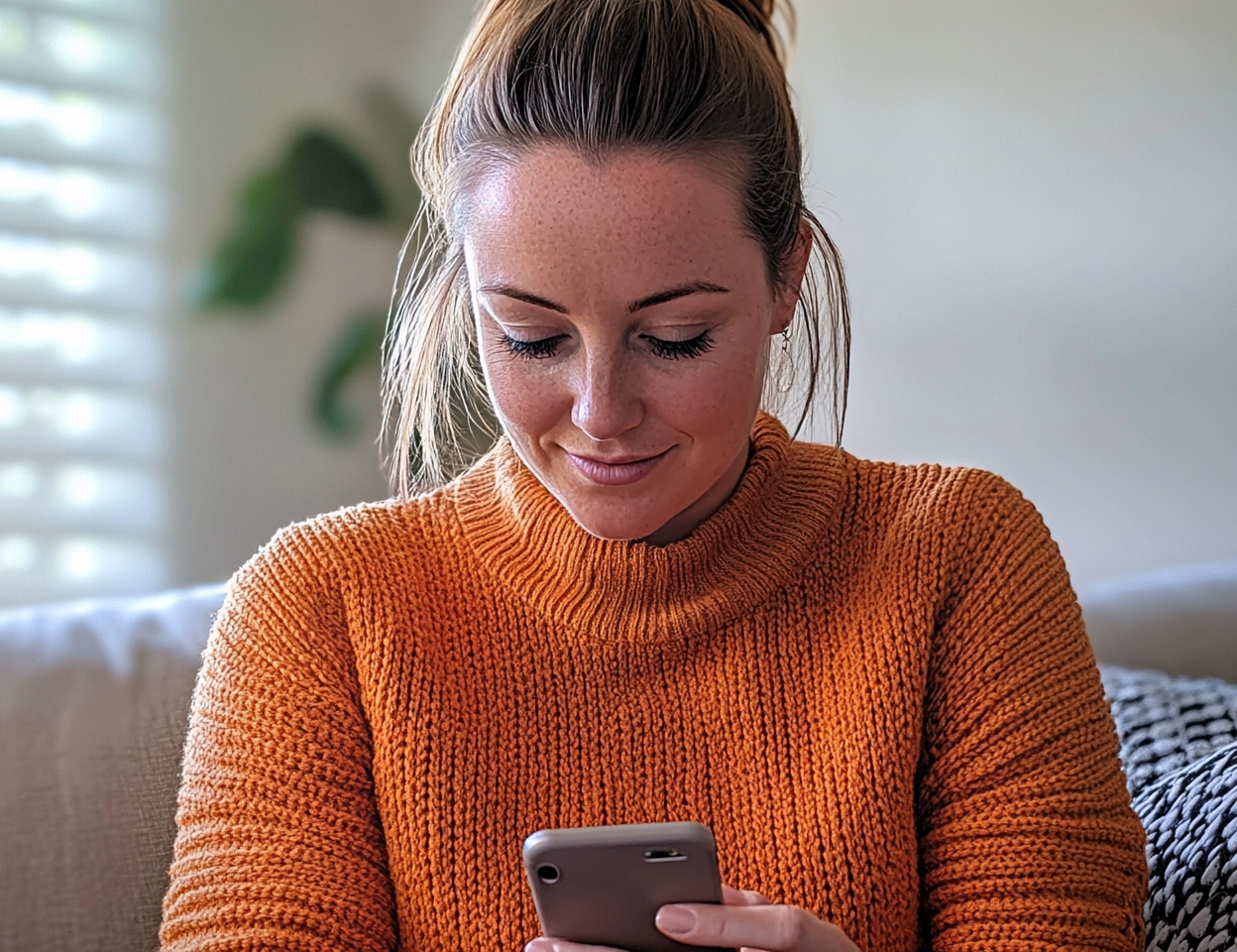 Une femme assise sur un canapé et utilisant son téléphone | Source : Midjourney