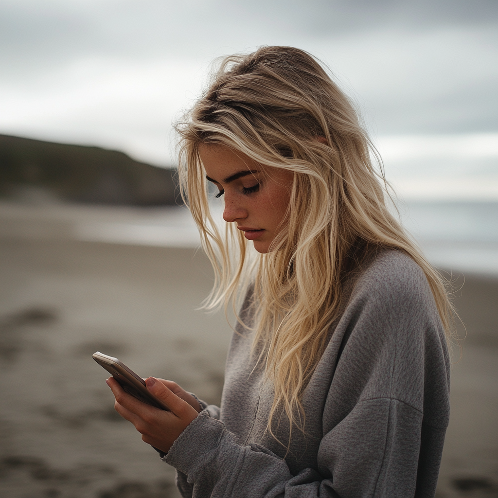 Une femme inquiète qui regarde son téléphone | Source : Midjourney