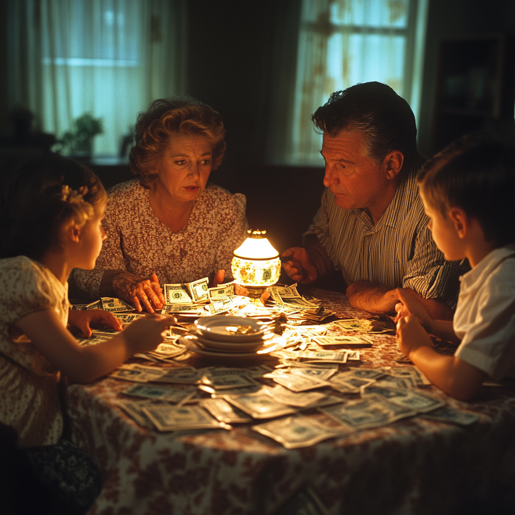 Une famille assise autour d'une table remplie d'argent | Source : Midjourney