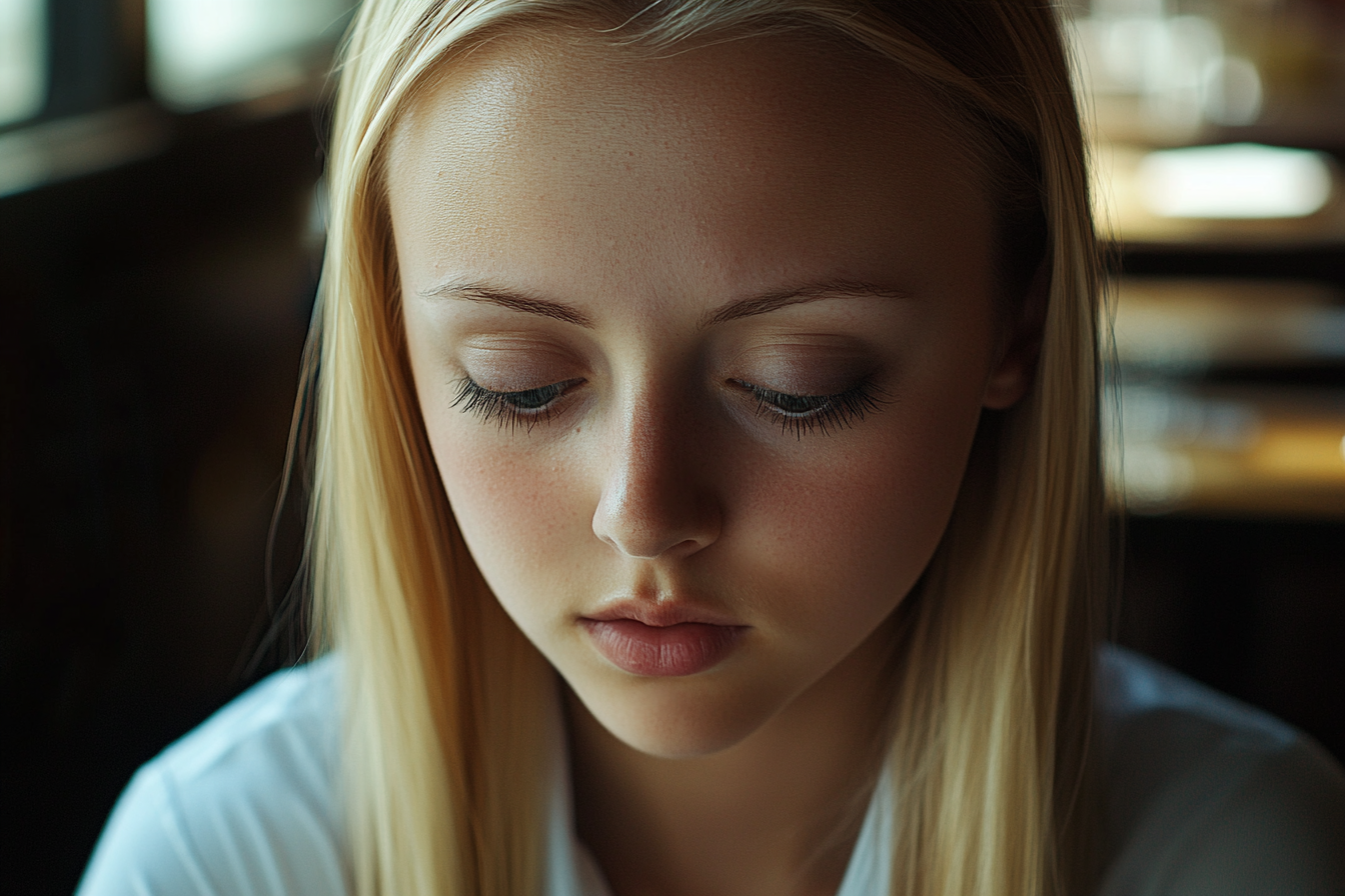 Une femme dans un restaurant, regardant vers le bas | Source : Midjourney