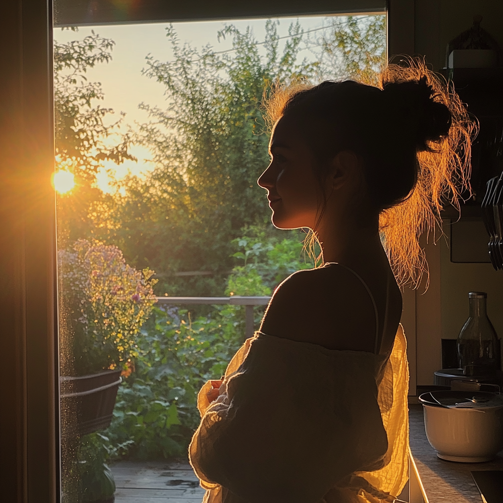 Femme debout dans sa cuisine en train de profiter du coucher de soleil | Source : Midjourney