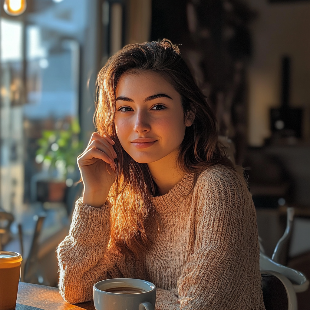 Femme souriant tout en dégustant une tasse de café | Source : Midjourney