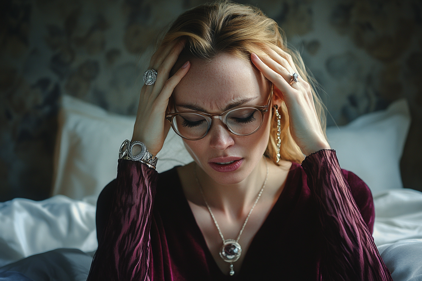 Une femme assise dans sa chambre, se tenant la tête | Source : Midjourney