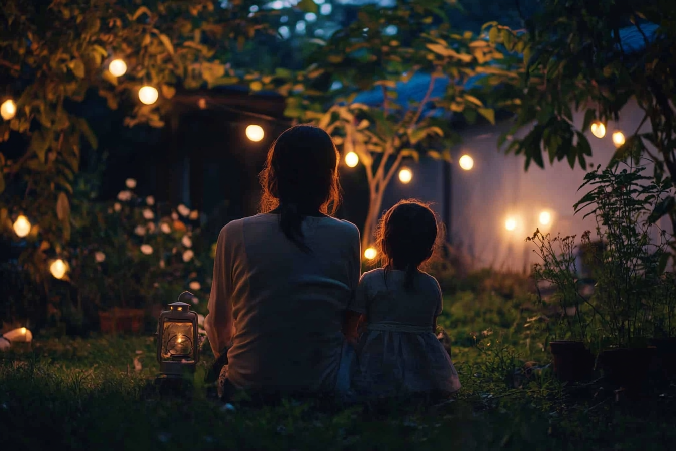 Une femme assise dans le jardin avec sa fille | Source : Midjourney