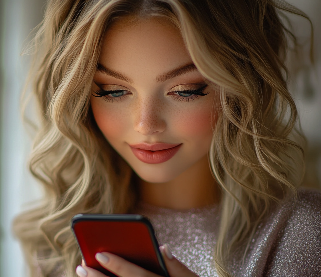 Une femme qui regarde son téléphone et sourit | Source : Midjourney