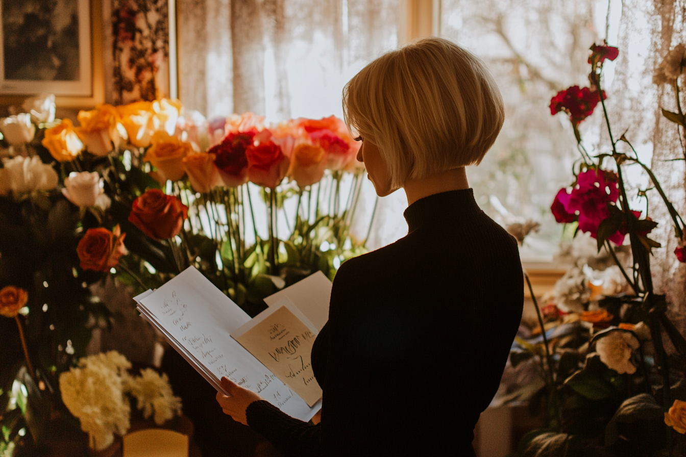 Une femme entourée de fleurs qui regarde des invitations | Source : Midjourney