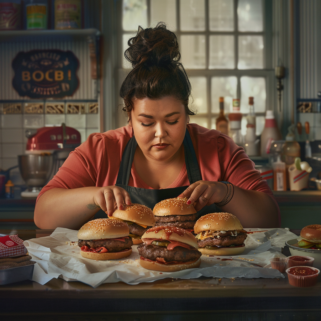 Une femme dans la cuisine avec des hamburgers sur la table | Source : Midjourney