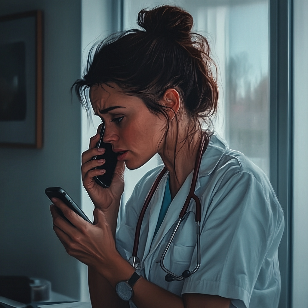 Un médecin triste qui parle sur son téléphone | Source : Midjourney