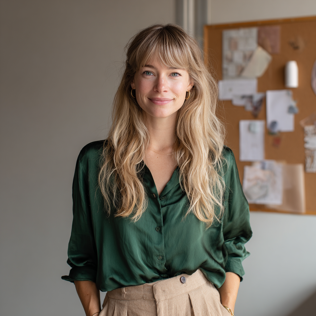 Une femme souriante portant un chemisier en soie | Source : Midjourney