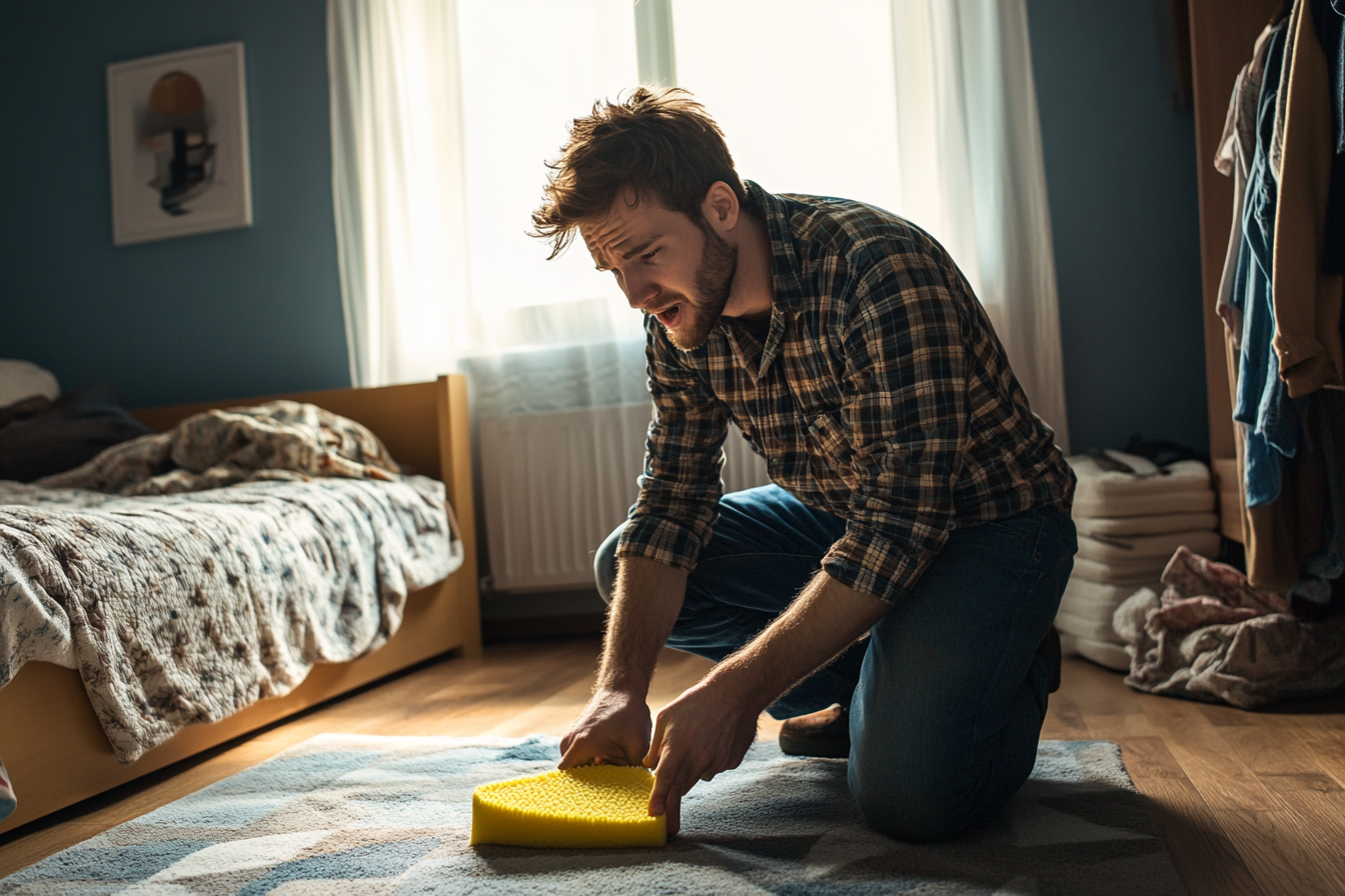 Un homme qui fait un nettoyage ponctuel d'un tapis | Source : Midjourney