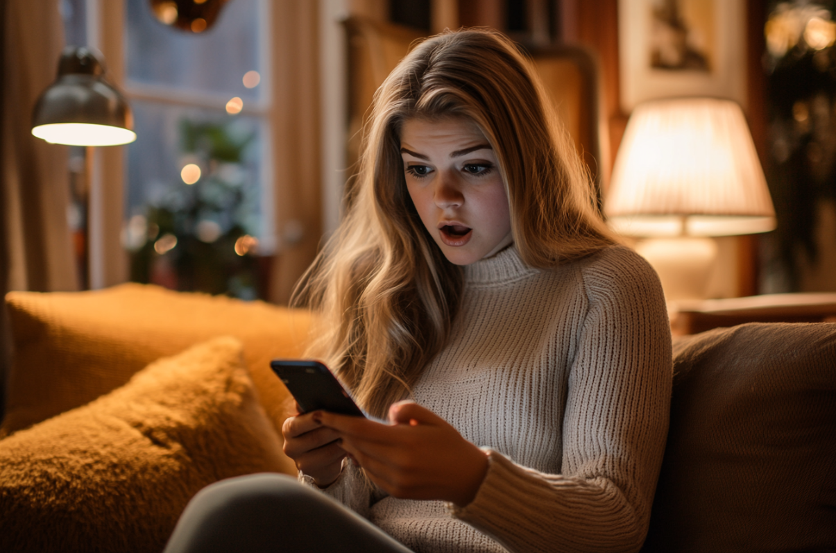 Une femme qui regarde son téléphone en état de choc | Source : Midjourney