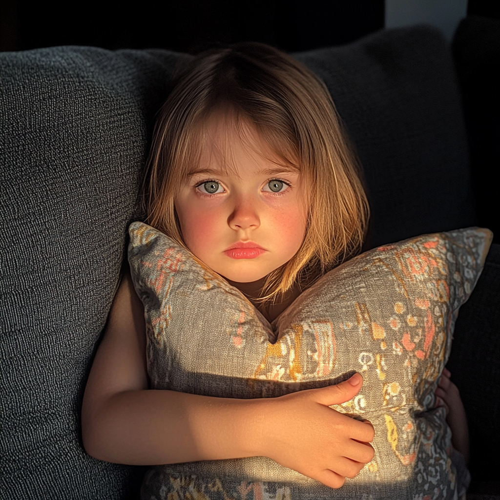 Une petite fille assise sur un canapé | Source : Midjourney