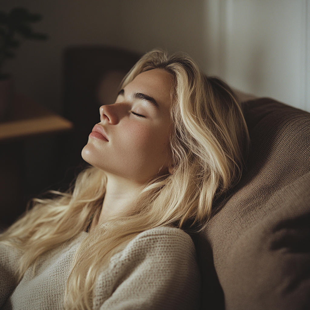 Une femme calme avec les yeux fermés | Source : Midjourney