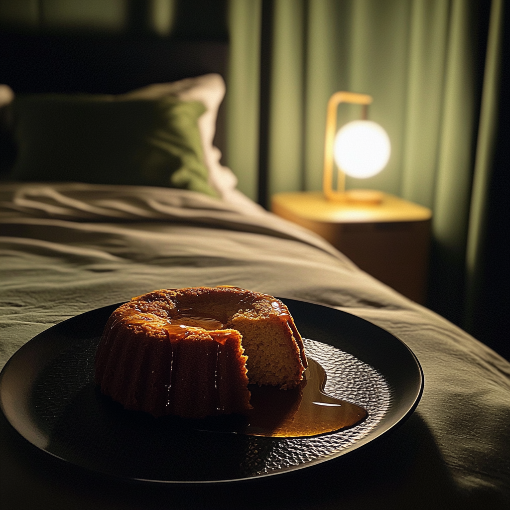 Un gâteau au gingembre sur un lit | Source : Midjourney