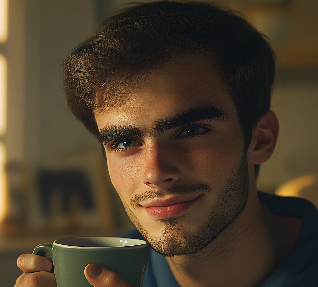 Un homme souriant tenant sa tasse de café | Source : Midjourney