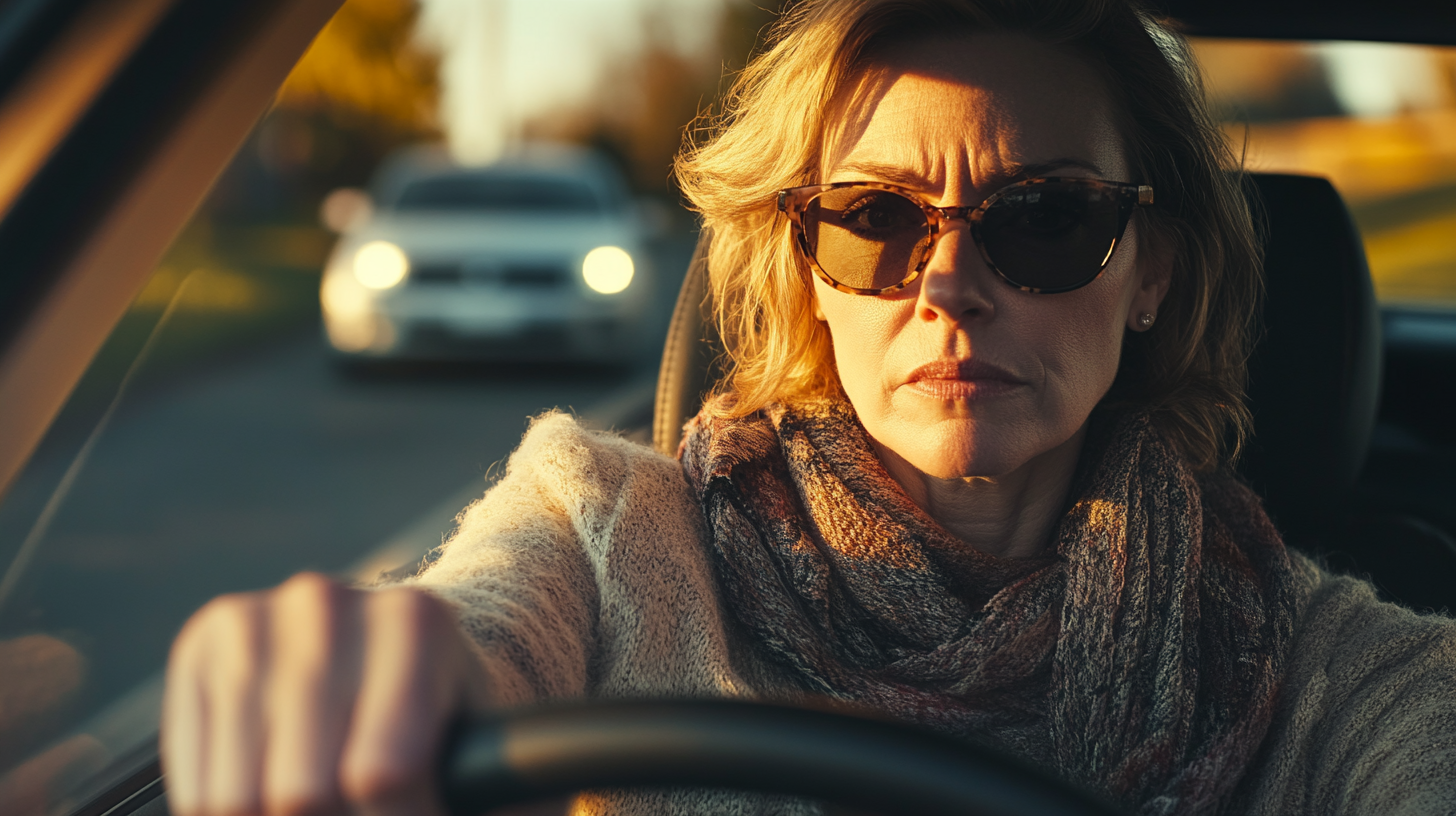 Femme avec des lunettes de soleil conduisant une voiture | Source : Midjourney