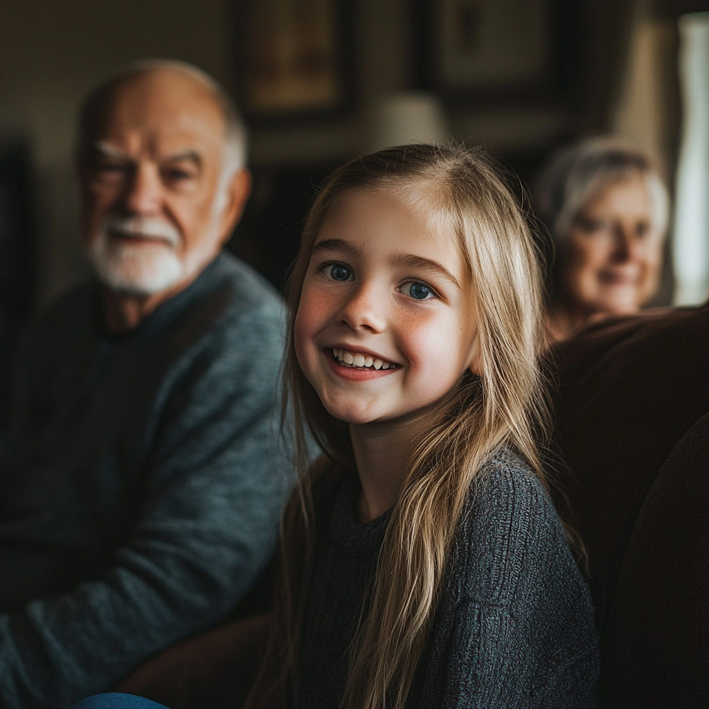 Une fillette heureuse devant ses grands-parents | Source : Midjourney