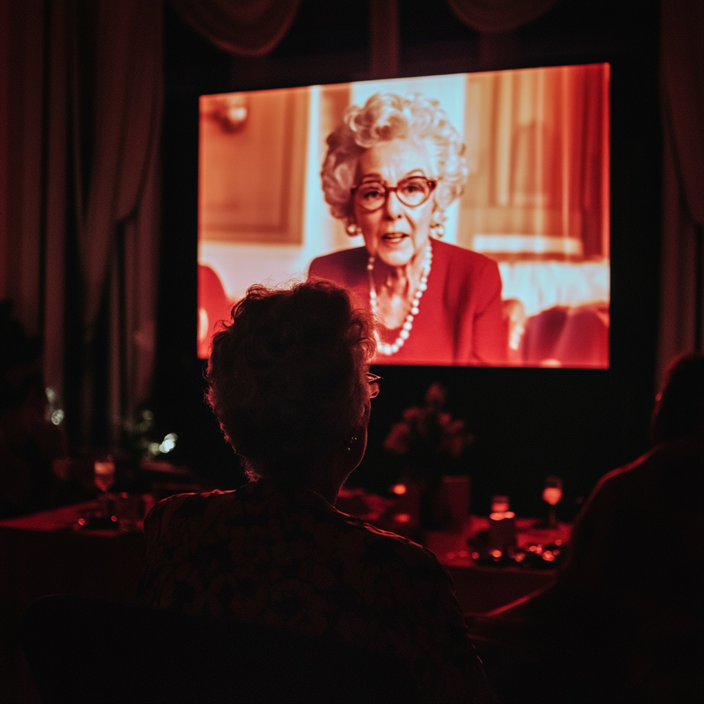 Une femme âgée à l'écran s'adressant à des invités lors d'une fête | Source : Midjourney