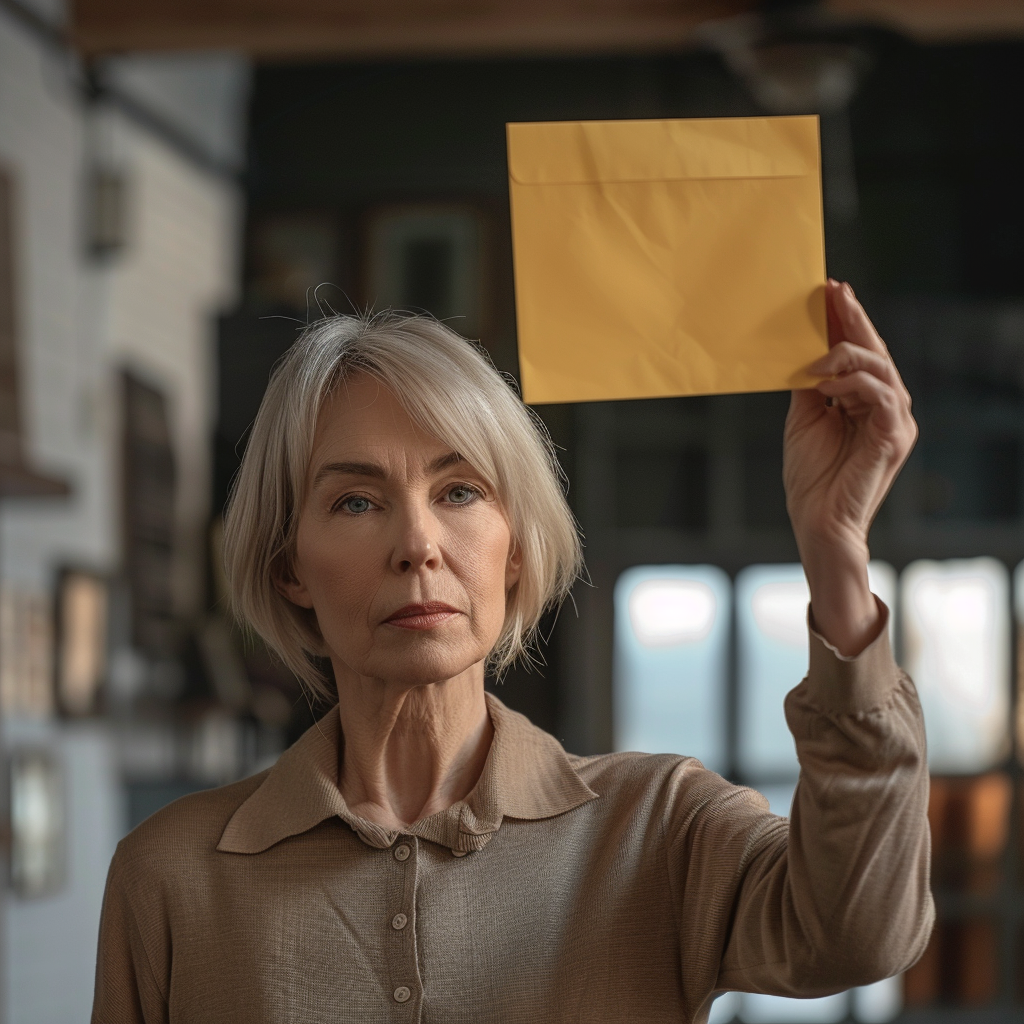 Une femme âgée tenant une enveloppe | Source : Midjourney